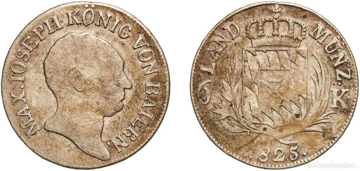 Monedas antiguas de Europa: Germany Kingdom of Bavaria German states 1825 6 Kreuzer - Maximillian I Joseph Billon (.333 silver)