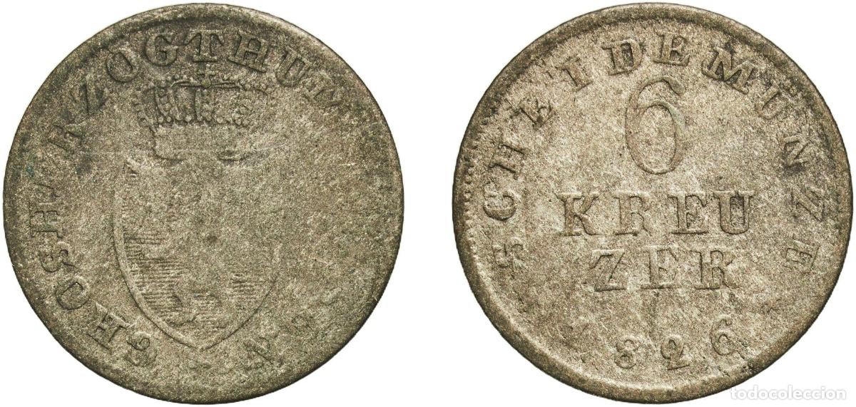 Monedas antiguas de Europa: Germany Duchy of Nassau German states 1826 6 Kreuzer - William Billon (.375 silver) Wiesbaden Mint