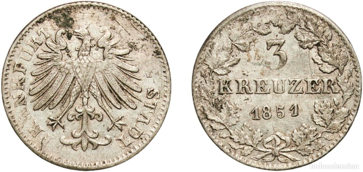 Monedas antiguas de Europa: Germany Free imperial city of Frankfurt German states 1851 3 Kreuzer Billon (.333 silver) (157720)