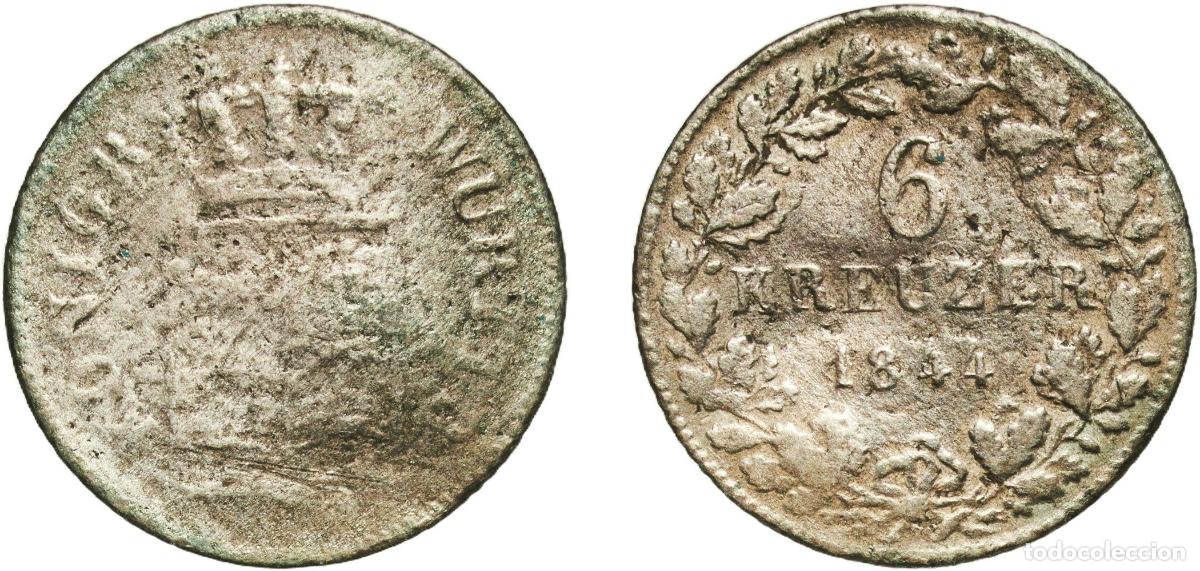 Monedas antiguas de Europa: Germany Kingdom of W&uuml;rttemberg Kingdom of W&uuml;rttemberg German States 1844 6 Kreuzer - William I Bill