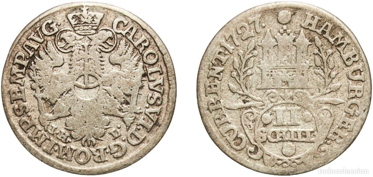 Monedas antiguas de Europa: Germany Free Hanseatic city of Hamburg German states 1727 2 Schilling Silver (1380000) 1.64g VF KM