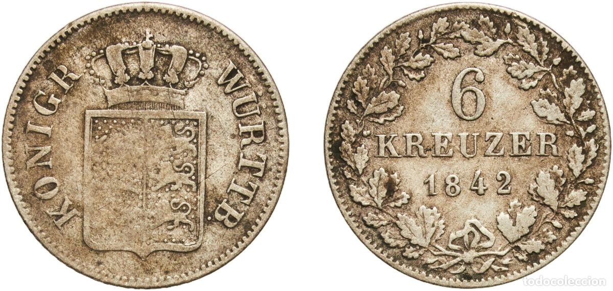 Monedas antiguas de Europa: Germany Kingdom of W&uuml;rttemberg Kingdom of W&uuml;rttemberg German States 1842 6 Kreuzer - William I Bill