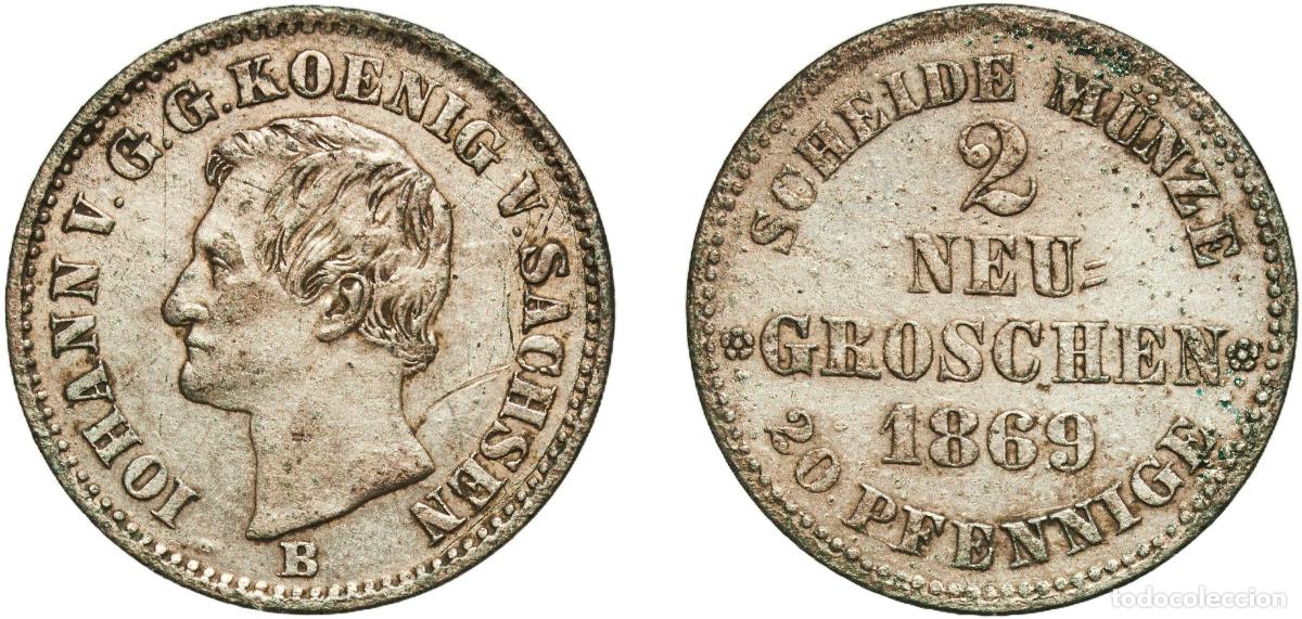 Monedas antiguas de Europa: Germany Kingdom of Saxony German states 1869 2 Neugroschen - John Billon (.300 silver) Dresden Mint