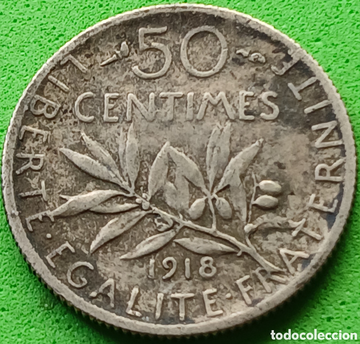 Monedas antiguas de Europa: Francia 50 c&eacute;ntimos 1918 km#854 plata