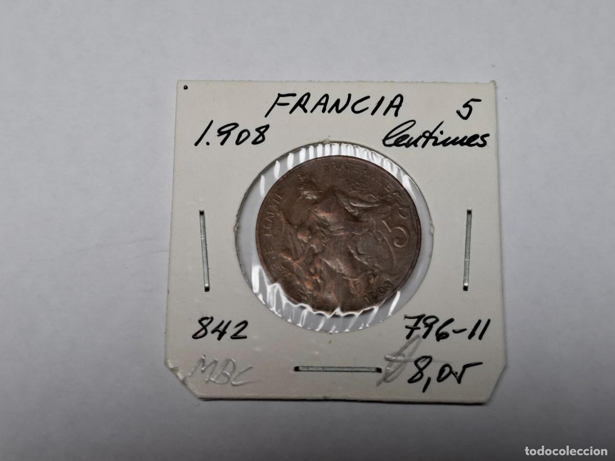 Monedas antiguas de Europa: 5 CENTIMOS de 1908 A KM 842 FRANCIA en MBC