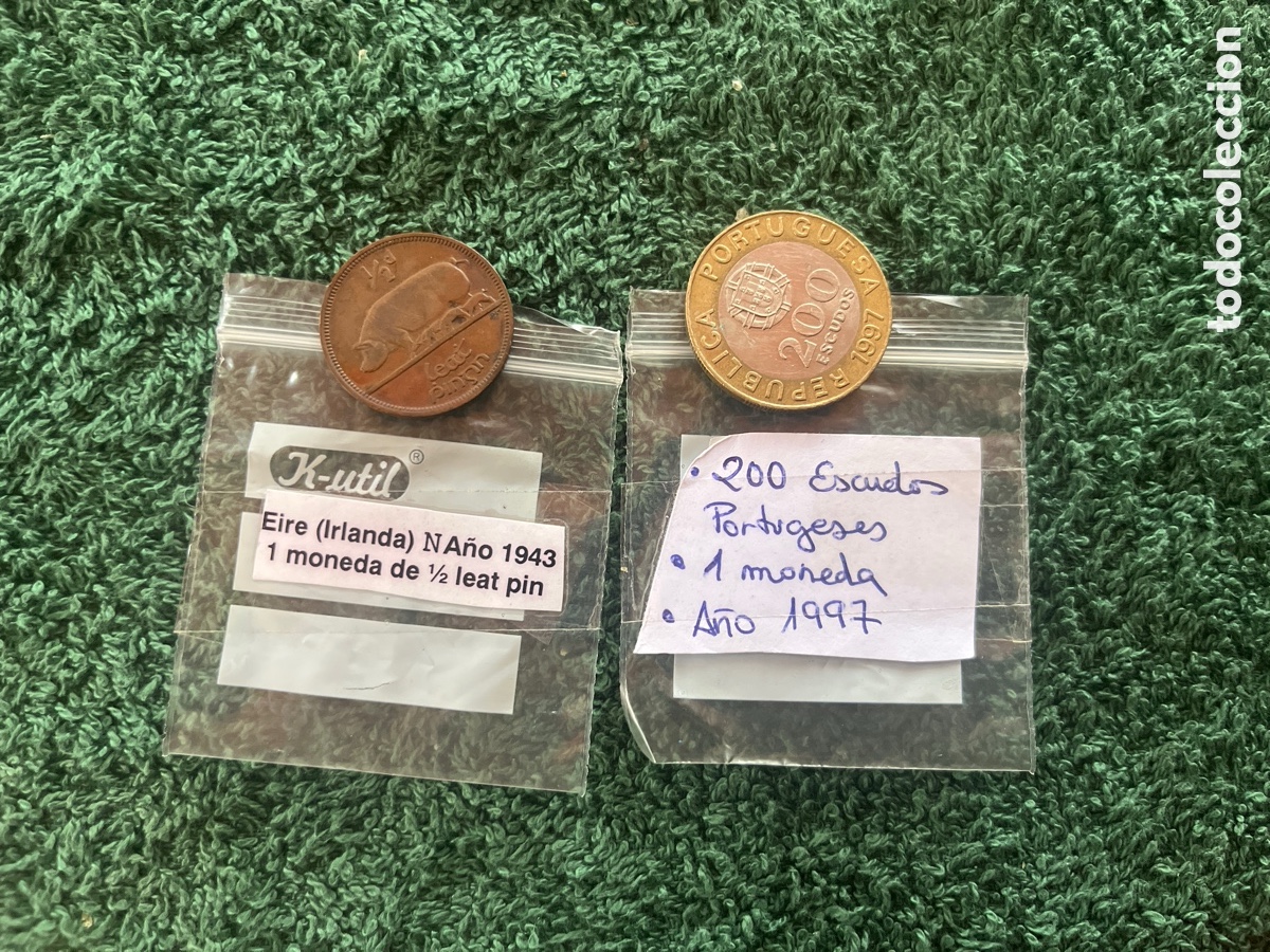 Monedas antiguas de Europa: Lote 2 monedas extranjeras - Irlanda 1/2 Penny 1943 y Portugal 200 Escudos 1997