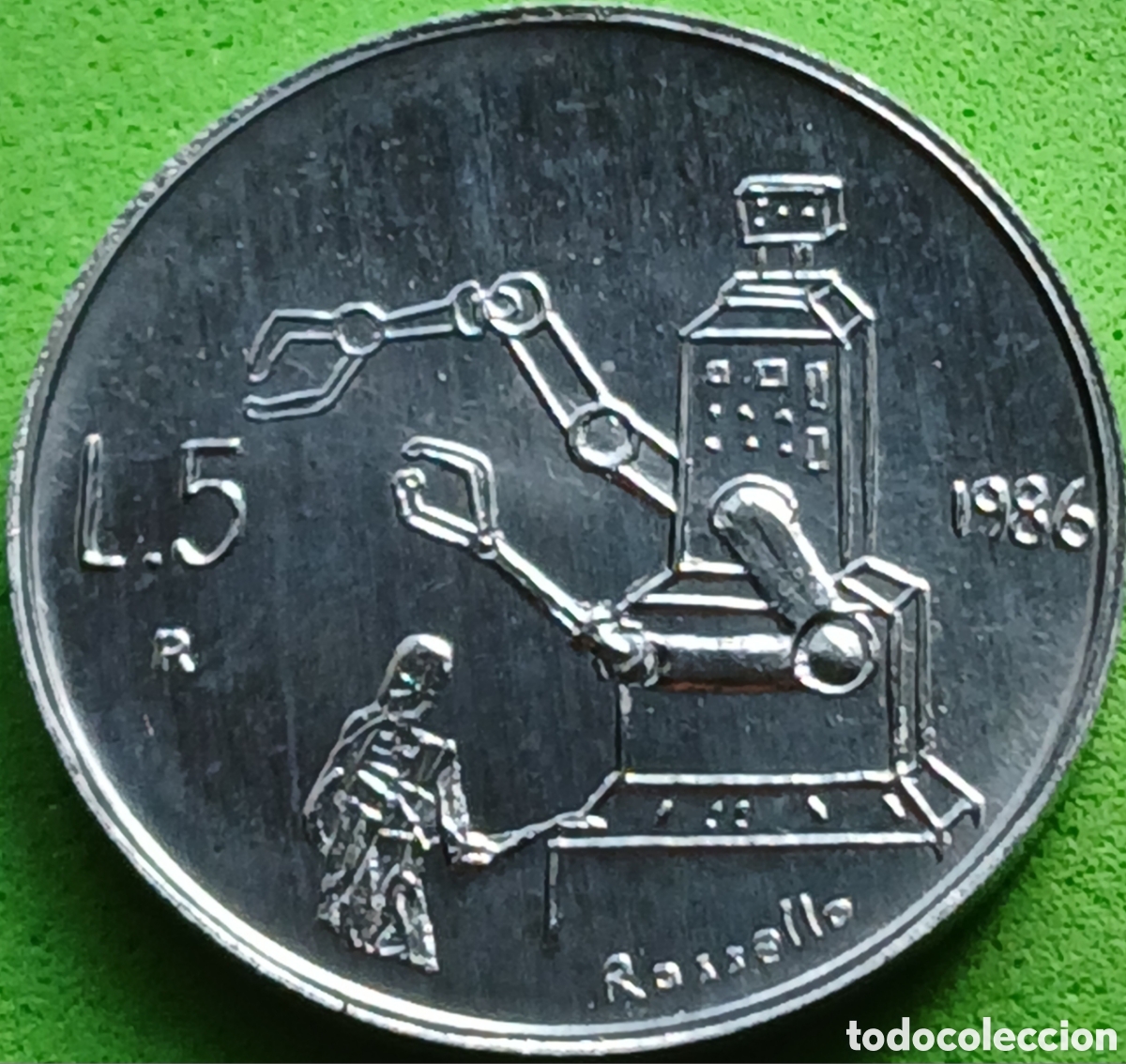 Monedas antiguas de Europa: San Marino 5 liras 1986 km#189 Evoluci&oacute;n de la Tecnolog&iacute;a