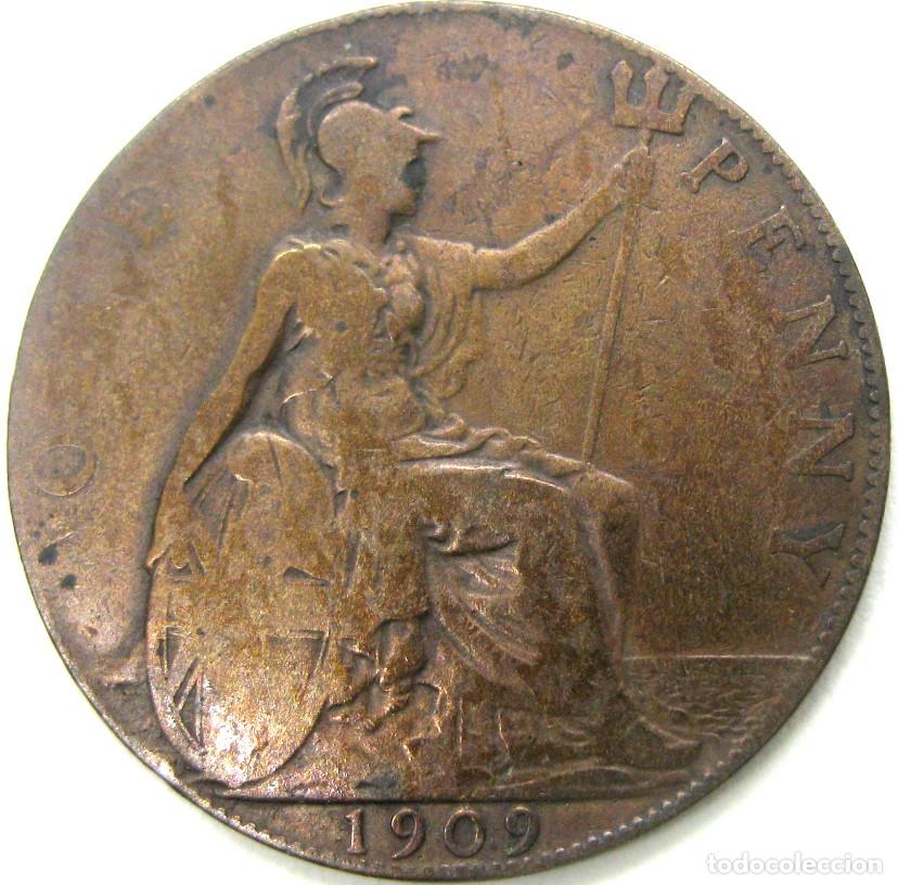 Monedas antiguas de Europa: Reino Unido, 1 Penique 1909 &rdquo;Eduardo VII - 1902/1910'' KM#794.2. Usada, fotos.