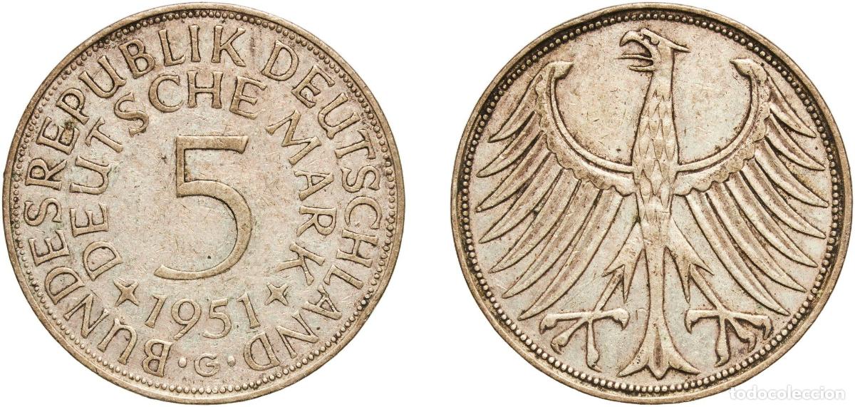 Monedas antiguas de Europa: 5 Deutsche Mark 1951 G