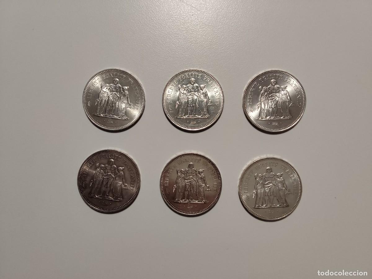 Monedas antiguas de Europa: Lote 6 monedas PLATA 50 francs Francia 1974 1975 1976 1977 1978 1979