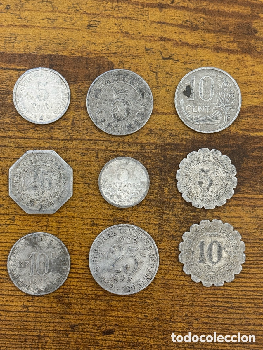 Monedas antiguas de Europa: Lote de 9 fichas/jetones Francia d&eacute;cadas de 1920 y 1930. Aluminio. Todas diferentes