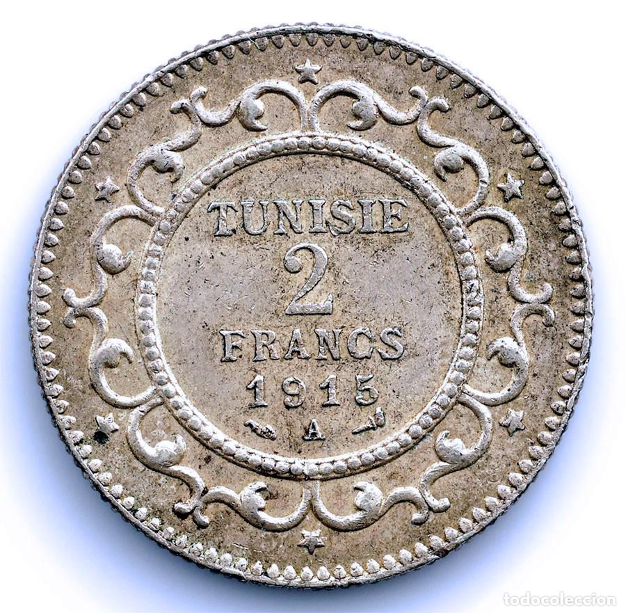 Monete antiche di Europa: SC-T&uacute;nez- 2 Francos 1915. Par&iacute;s. Protectorado franc&eacute;s. EBC+/XF+ Plata 10 g.