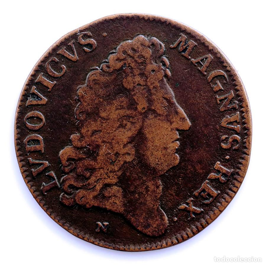 Monedas antiguas de Europa: SC-Francia. Luis XIV &rdquo;Rey Sol&rdquo; Jet&oacute;n. Cobre 4,4 g.