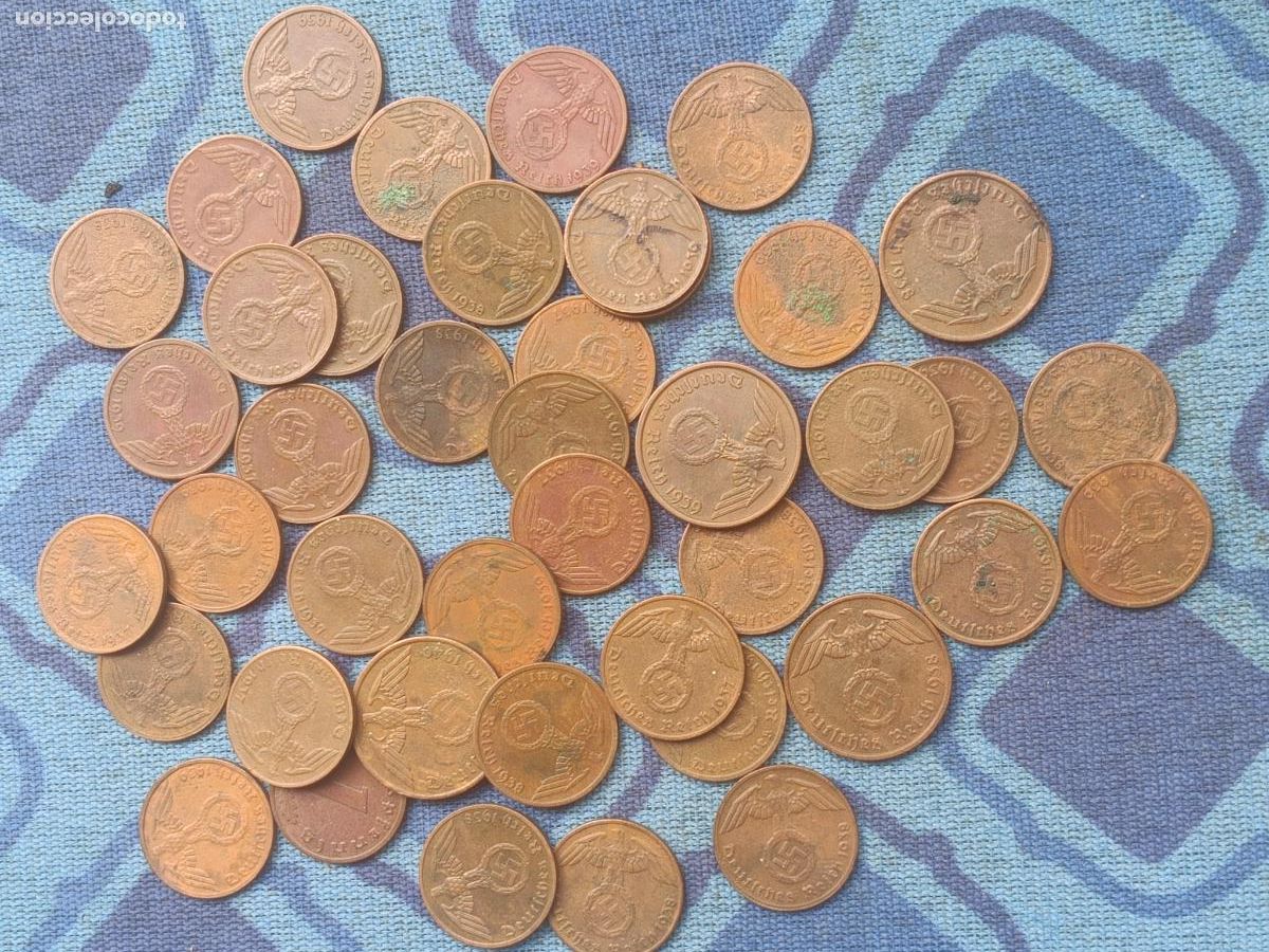 Monedas antiguas de Europa: Alemania nazi: 42 monedas de 1 y 2 reichspfennig. Svastica. III Reich