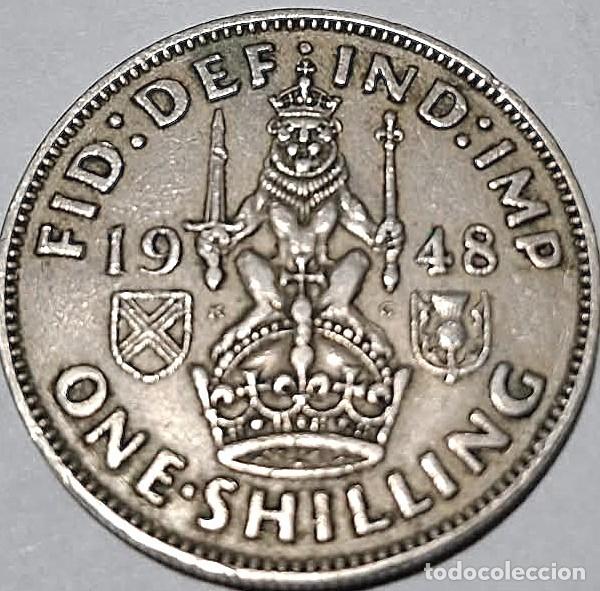 Monedas antiguas de Europa: Reino Unido, 1 Chel&iacute;n (Shilling) 1948 Rev. Escoc&eacute;s &rdquo;Jorge VI - 1936/1952&rdquo; KM#864. Usada, fotos.