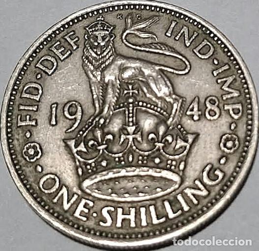 Monedas antiguas de Europa: Reino Unido, 1 Chel&iacute;n (Shilling) 1948 Rev. Ingl&eacute;s &rdquo;Jorge VI - 1936/1952&rdquo; KM#863. Usada, fotos.