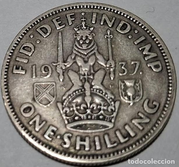 Monedas antiguas de Europa: Reino Unido, 1 Chel&iacute;n (Crown) 1937 &rdquo;Jorge VI - 1936/1952&rdquo; PLATA Rev. Escoc&eacute;s KM#853. Usada, fotos.