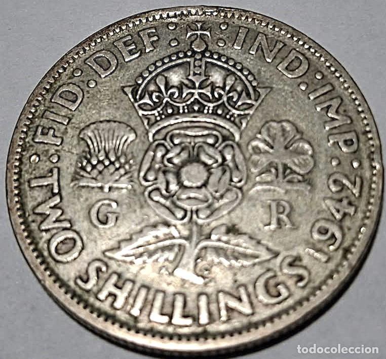 Monedas antiguas de Europa: Reino Unido, 2 Chel&iacute;nes (Flor&iacute;n) 1942 &rdquo;Jorge VI - 1936/1952&rdquo; PLATA KM#855. Usada, fotos.