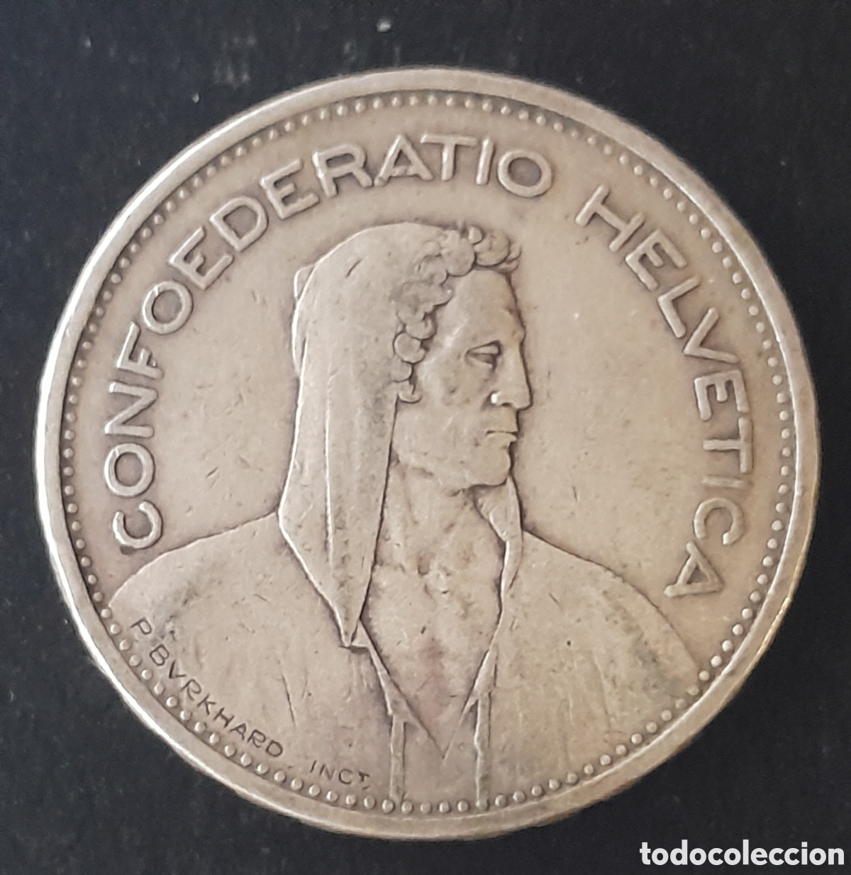 Monedas antiguas de Europa: Suiza. 5 Francos moneda plata. Confoederatio Helvetica. P. Burkhard