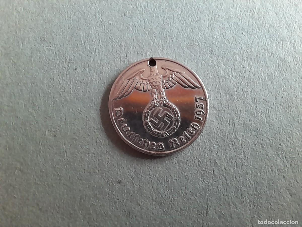 Monedas antiguas de Europa: moneda alemana un reichspfennig 1937, perforado para hacer colgante 1,8cm aprox