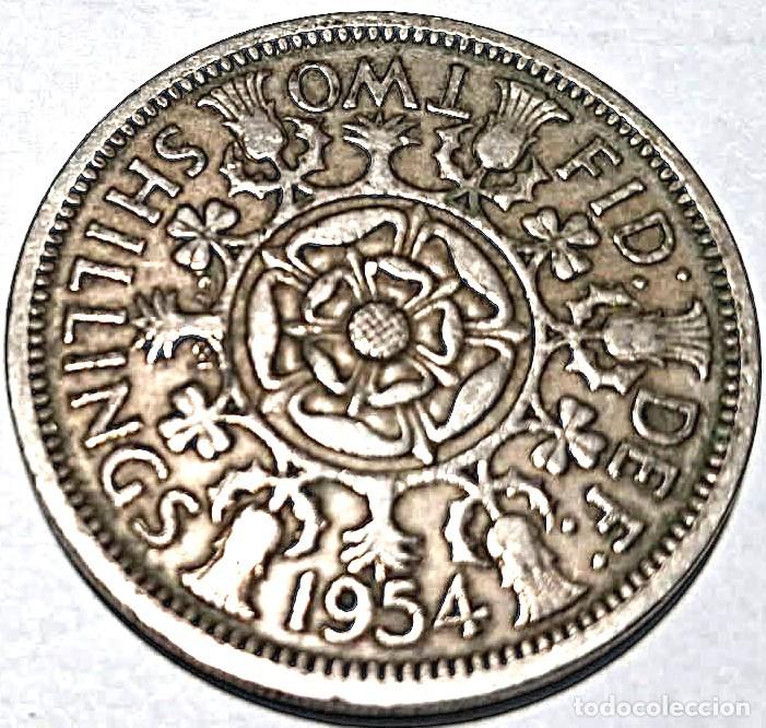 Monedas antiguas de Europa: Reino Unido, 2 Chel&iacute;nes (Flor&iacute;n) 1954 &rdquo;Isabel II - 1953/1967&rdquo; KM#906. Usada, fotos.