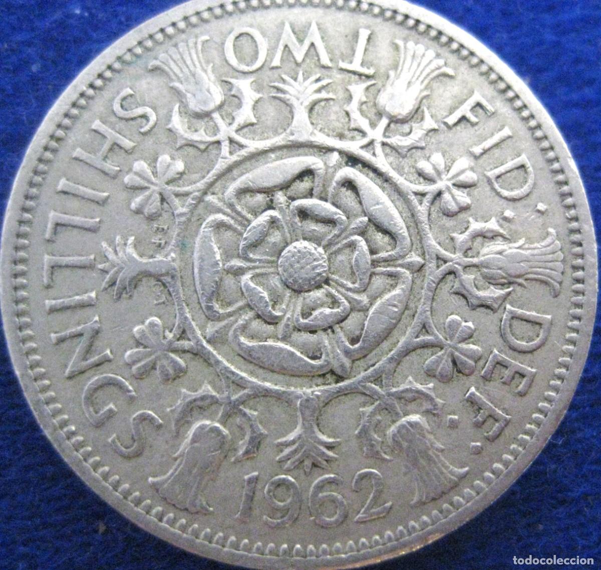 Monedas antiguas de Europa: Reino Unido, 2 Chel&iacute;nes (Flor&iacute;n) 1962 &rdquo;Isabel II - 1953/1967&rdquo; KM#906. Usada, fotos.