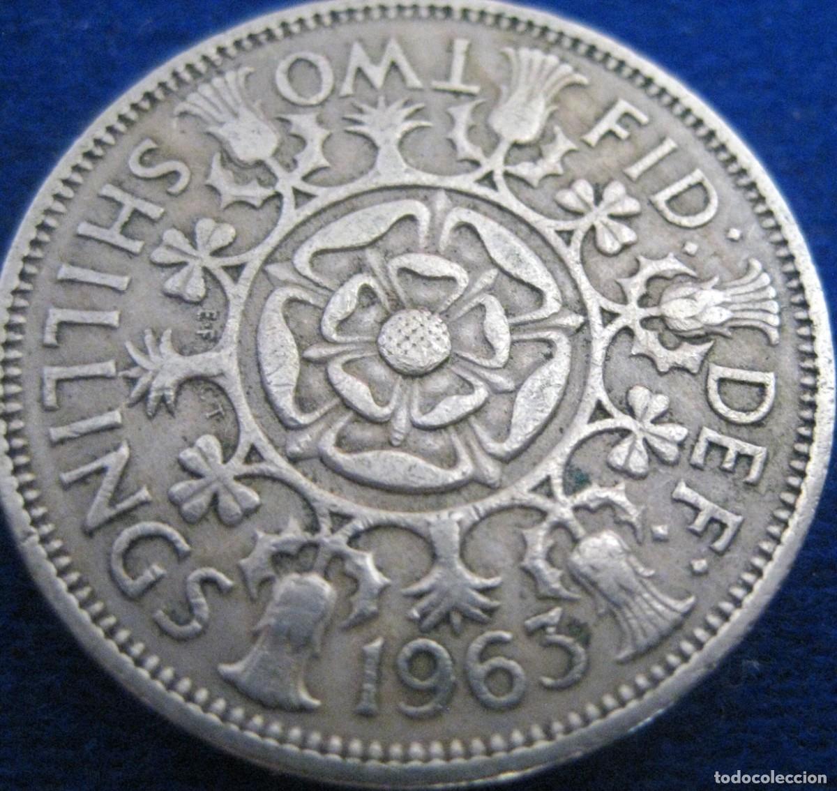 Monedas antiguas de Europa: Reino Unido, 2 Chel&iacute;nes (Flor&iacute;n) 1963 &rdquo;Isabel II - 1953/1967&rdquo; KM#906. Usada, fotos.