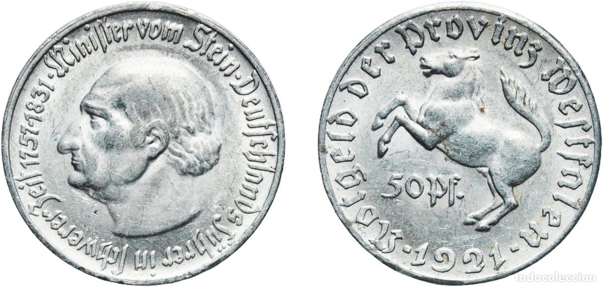 Monedas antiguas de Europa: Germany Prussian province of Westphalia Weimar Republic 1921 50 Pfennig - Westfalen (Freiherr vom S