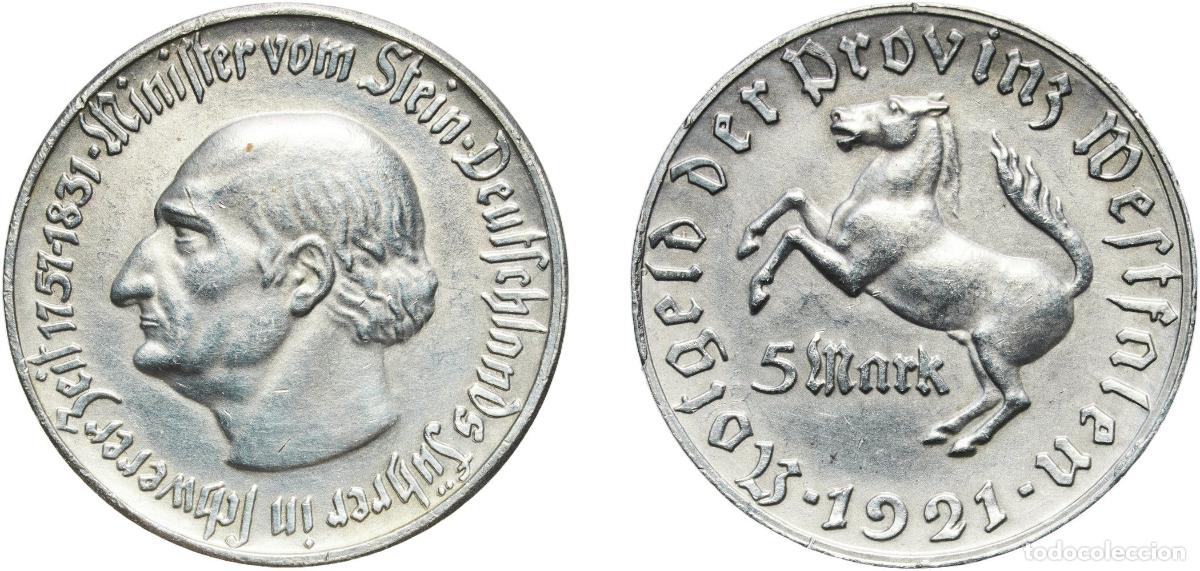 Monedas antiguas de Europa: Germany Prussian province of Westphalia Weimar Republic 1921 5 Mark - Westfalen (Freiherr vom Stein