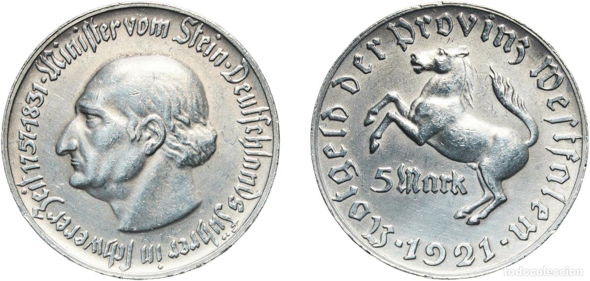 Monedas antiguas de Europa: Germany Prussian province of Westphalia Weimar Republic 1921 5 Mark - Westfalen (Freiherr vom Stein