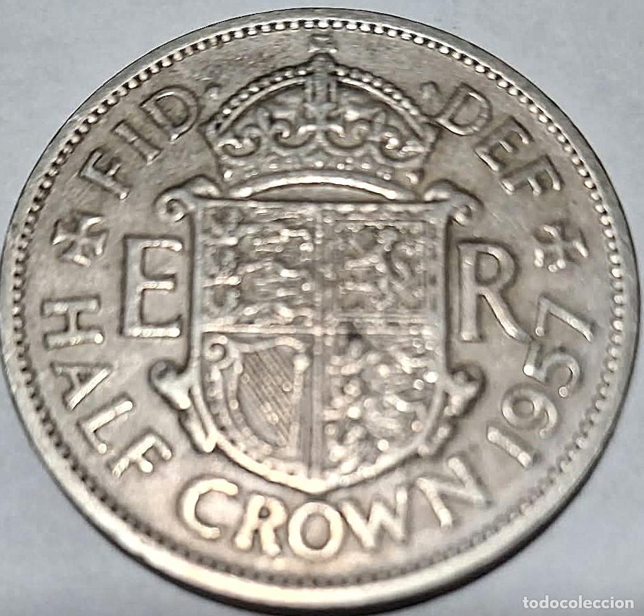 Monedas antiguas de Europa: Reino Unido, 1/2 Corona (Crown) 1957 &rdquo;Isabel II - 1953/1967&rdquo; KM#907. Usada, fotos.