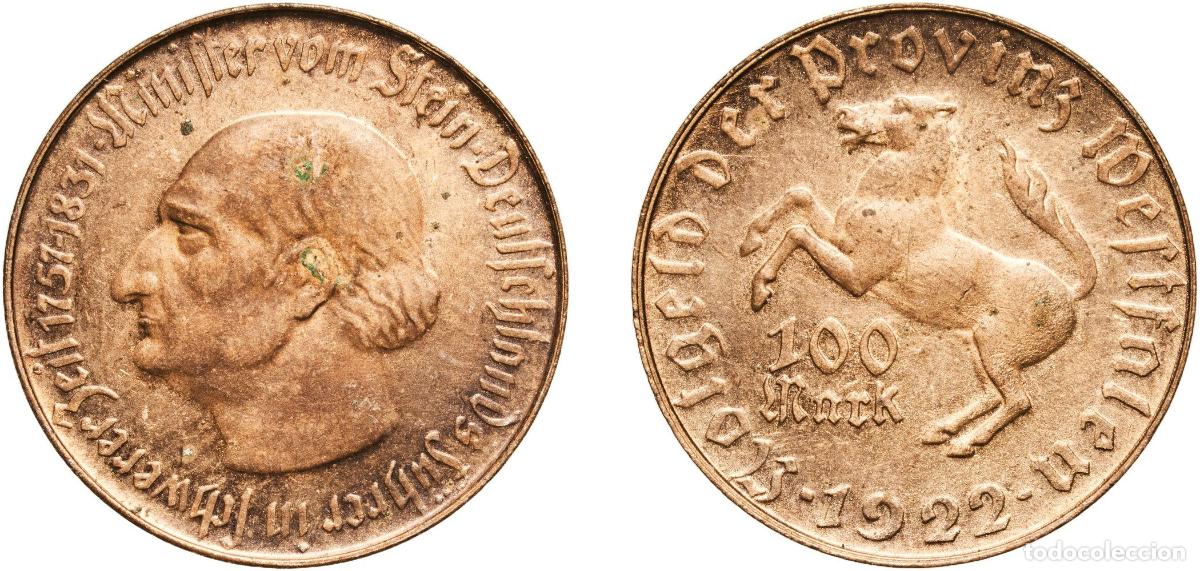 Monedas antiguas de Europa: Germany Prussian province of Westphalia Weimar Republic 1922 100 Mark - Westfalen (Freiherr vom Ste