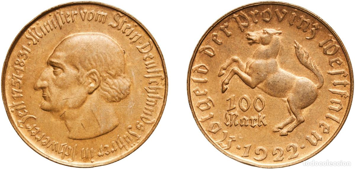 Monedas antiguas de Europa: Germany Prussian province of Westphalia Weimar Republic 1922 100 Mark - Westfalen (Freiherr vom Ste