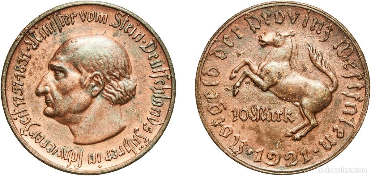 Monedas antiguas de Europa: Germany Prussian province of Westphalia Weimar Republic 1921 10 Mark - Westfalen (Freiherr vom Stei