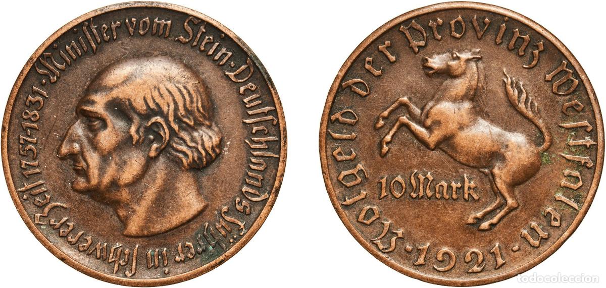 Monedas antiguas de Europa: Germany Prussian province of Westphalia Weimar Republic 1921 10 Mark - Westfalen (Freiherr vom Stei