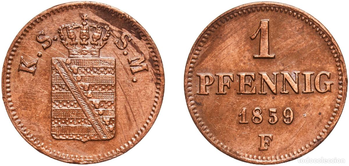 Monedas antiguas de Europa: Germany Kingdom of Saxony 1859 F 1 Pfennig - John Copper Dresden Mint (2341039) 1.46g AU AKS 154 J