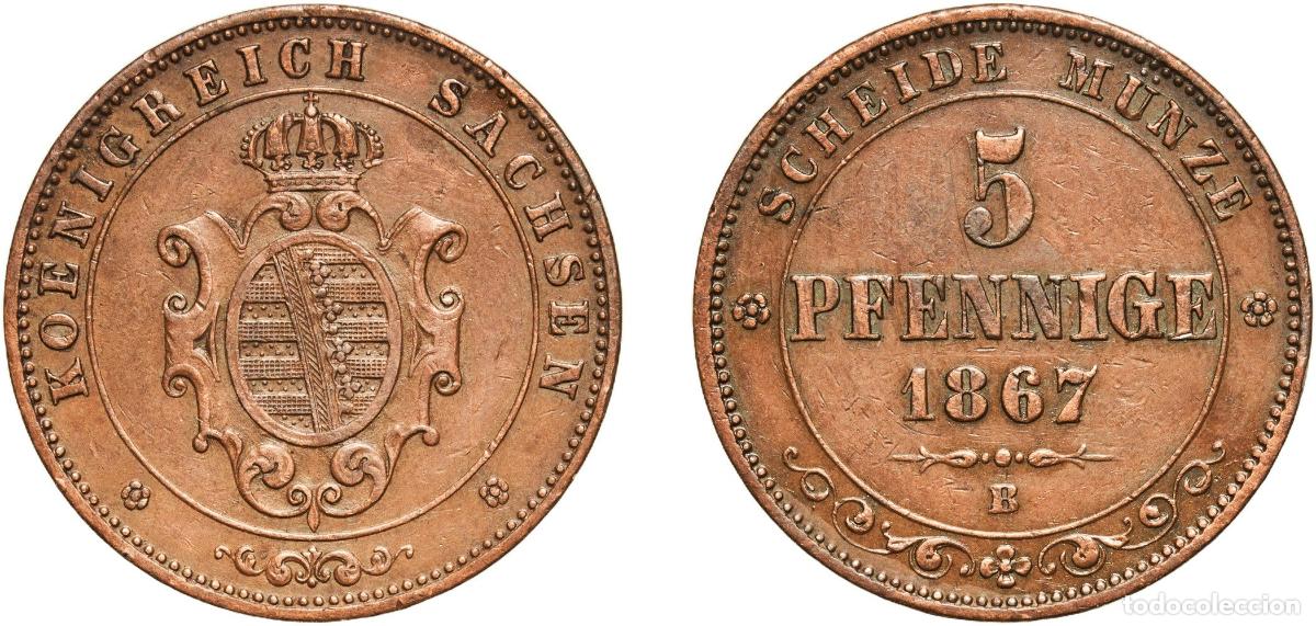 Monedas antiguas de Europa: Germany Kingdom of Saxony German states 1867 B 5 Pfennige - John Copper Dresden Mint (444000) 7.45g