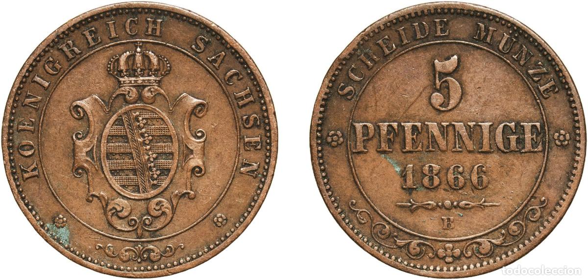 Monedas antiguas de Europa: Germany Kingdom of Saxony German states 1866 B 5 Pfennige - John Copper Dresden Mint (141000) 7.41g
