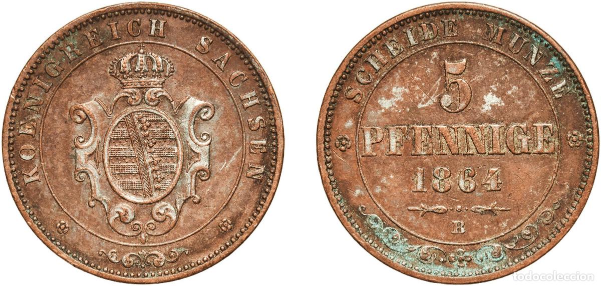 Monedas antiguas de Europa: Germany Kingdom of Saxony German states 1864 B 5 Pfennige - John Copper Dresden Mint (1090000) 7.45