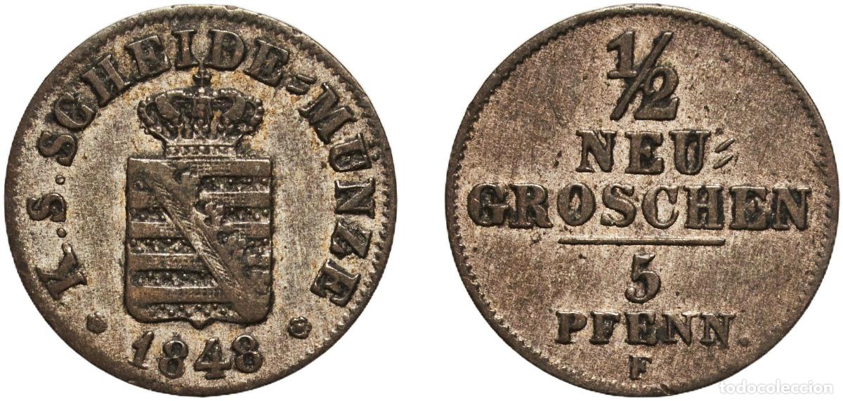 Monedas antiguas de Europa: Germany Kingdom of Saxony 1848 F &frac12; Neugroschen / 5 Pfennige - Frederick August II Billon (.229 silv