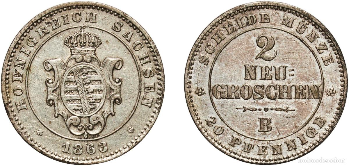 Monedas antiguas de Europa: Germany Kingdom of Saxony 1863 B 2 Neugroschen / 20 Pfennige - John Billon (.300 silver) Dresden Mi
