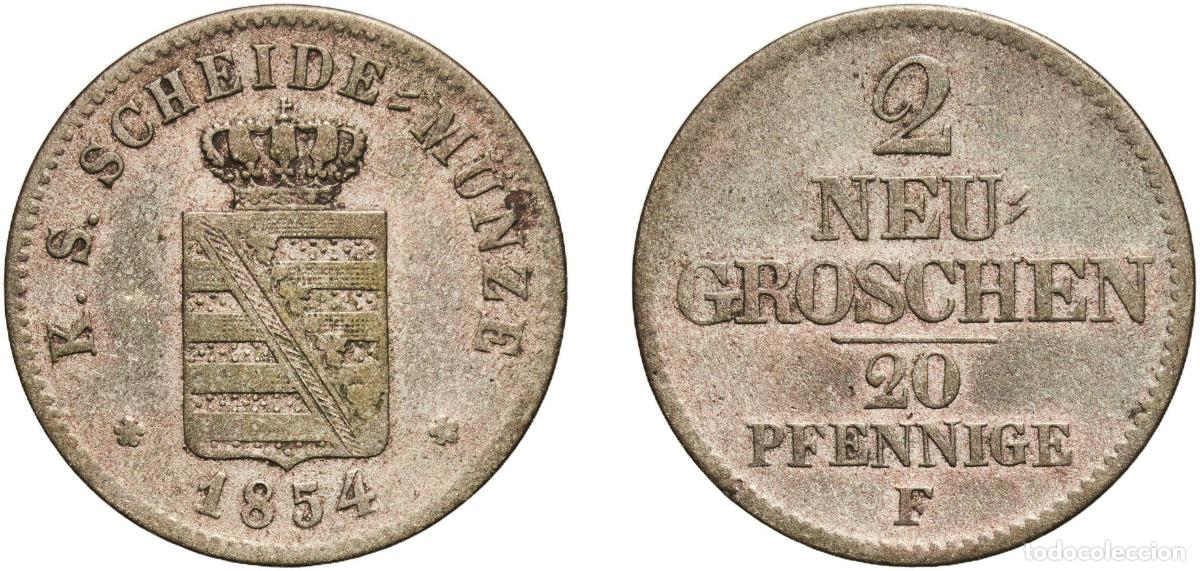 Monedas antiguas de Europa: Germany Kingdom of Saxony 1854 F 2 Neugroschen / 20 Pfennige - Frederick August II Billon (.312 sil