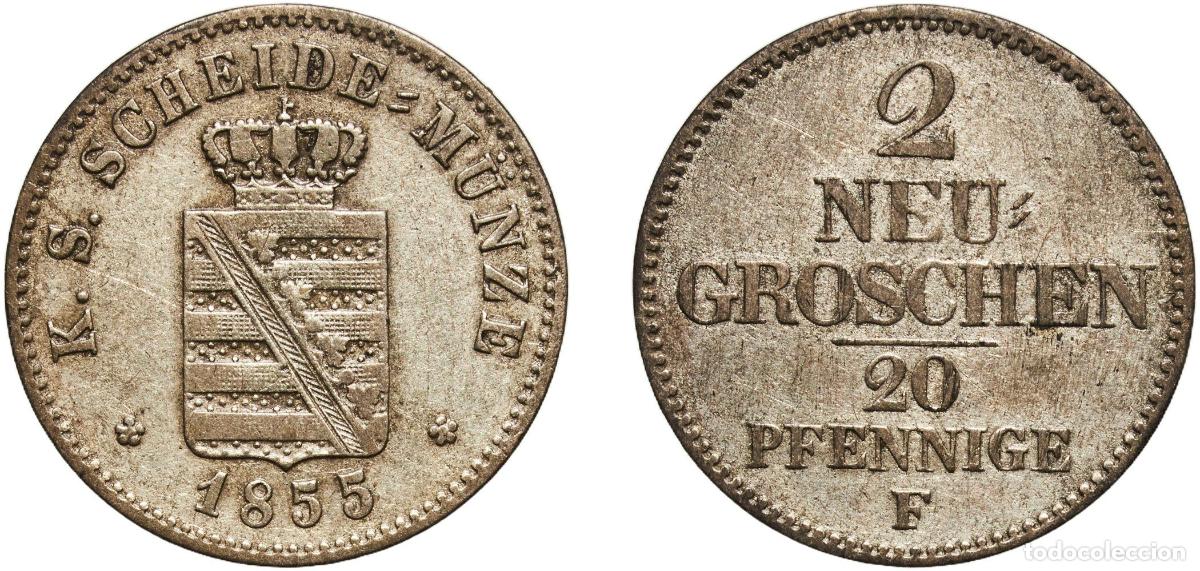 Monedas antiguas de Europa: Germany Kingdom of Saxony 1855 F 2 Neugroschen / 20 Pfennige - Frederick August II Billon (.312 sil