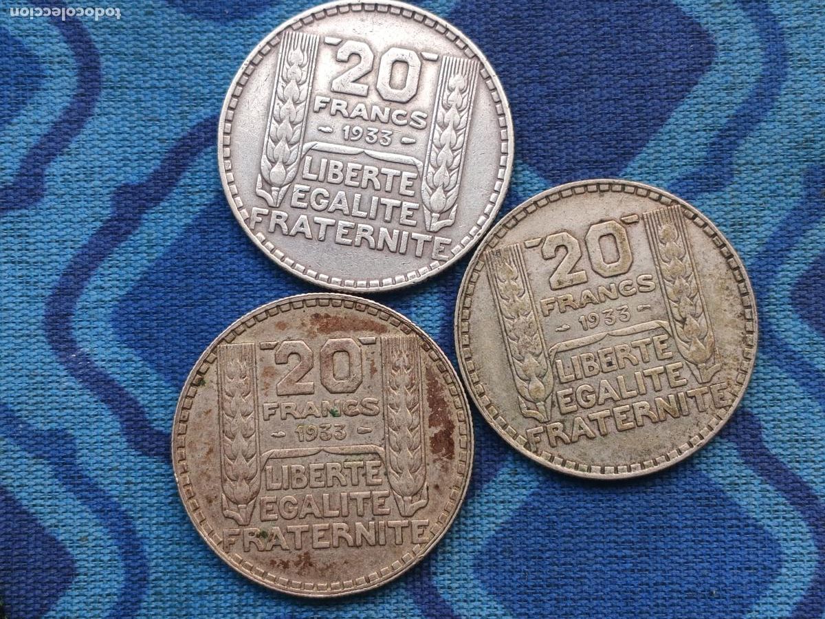 Monedas antiguas de Europa: 3 monedas de 20 francos de plata. Francia