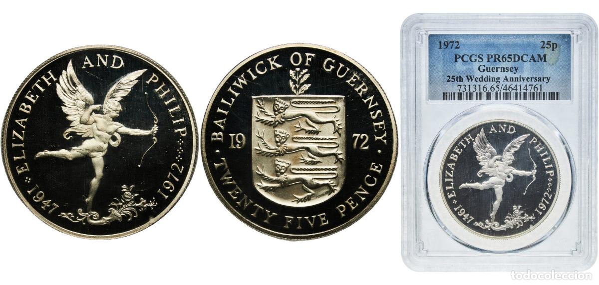 Monedas antiguas de Europa: Guernsey British dependency 1972 25 Pence - Elizabeth II (Silver Wedding; Silver Proof) Silver (.92