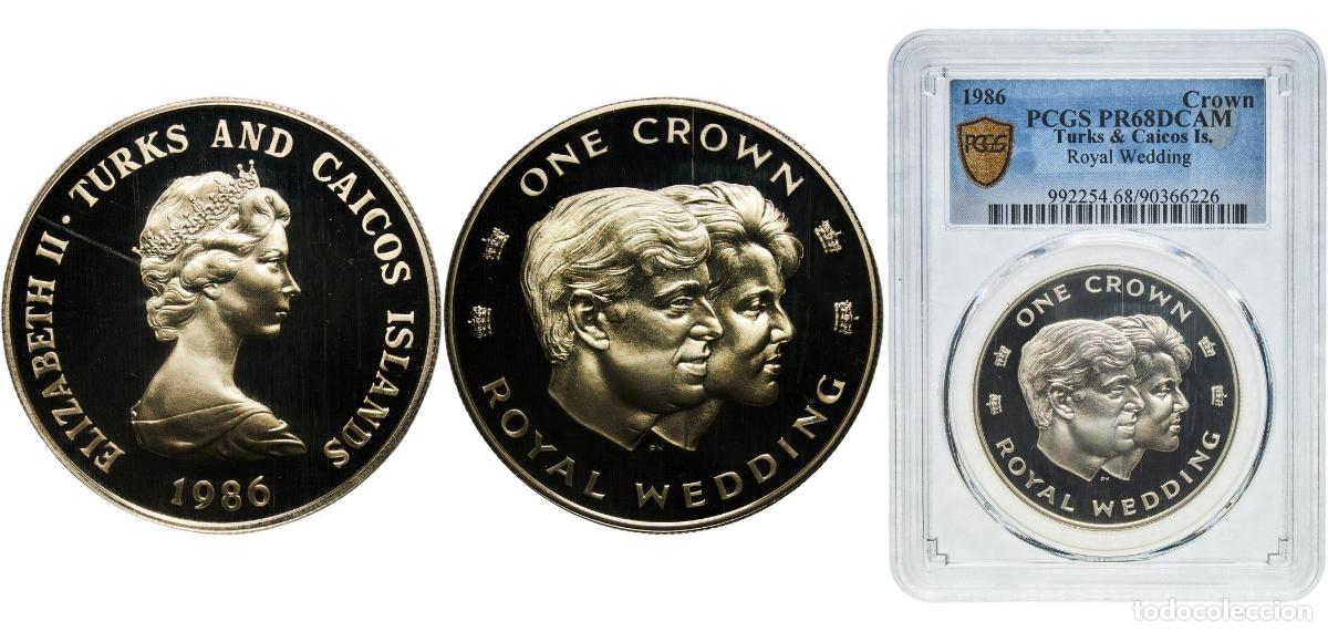 Monedas antiguas de Europa: Turks and Caicos Islands British Overseas Territory 1986 1 Crown - Elizabeth II (Royal Wedding; Sil