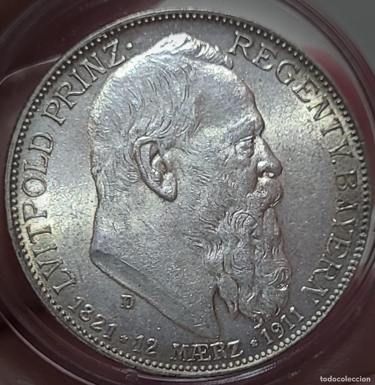 Monedas antiguas de Europa: Alemania, Bayern Baviera Leopoldo Pr&iacute;ncipe regente 2 marcos 1911 D 28 mm. 11,12 grs. SC-