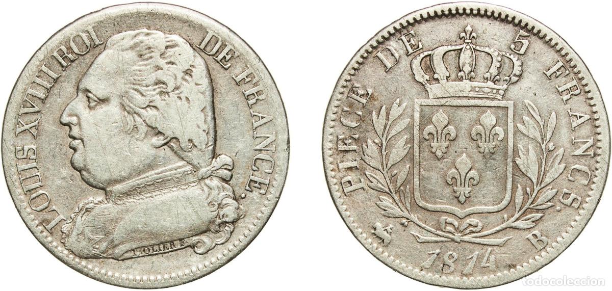 Monedas antiguas de Europa: France Kingdom 1814 B 5 Francs - Louis XVIII (dressed bust) Silver (.900) Rouen Mint (634669) 24.4g