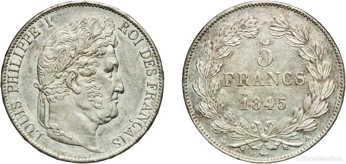 Monedas antiguas de Europa: France Kingdom 1845 A 5 Francs - Louis Philippe I (Domard type, 3rd retouch, relief edge) Silver (.