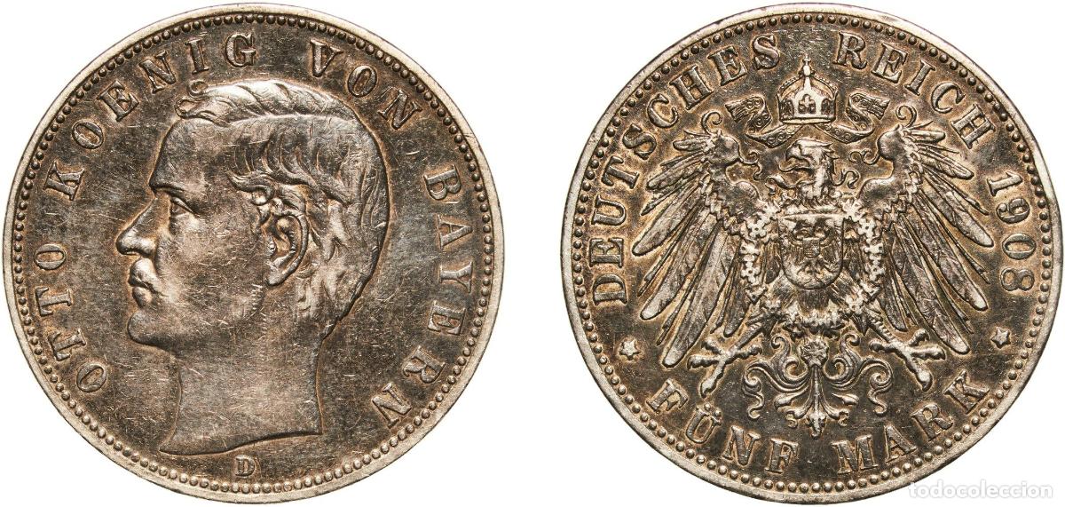 Monedas antiguas de Europa: Germany Kingdom of Bavaria Second Empire 1908 D 5 Mark - Otto Silver (.900) Munich Mint (576579) 27
